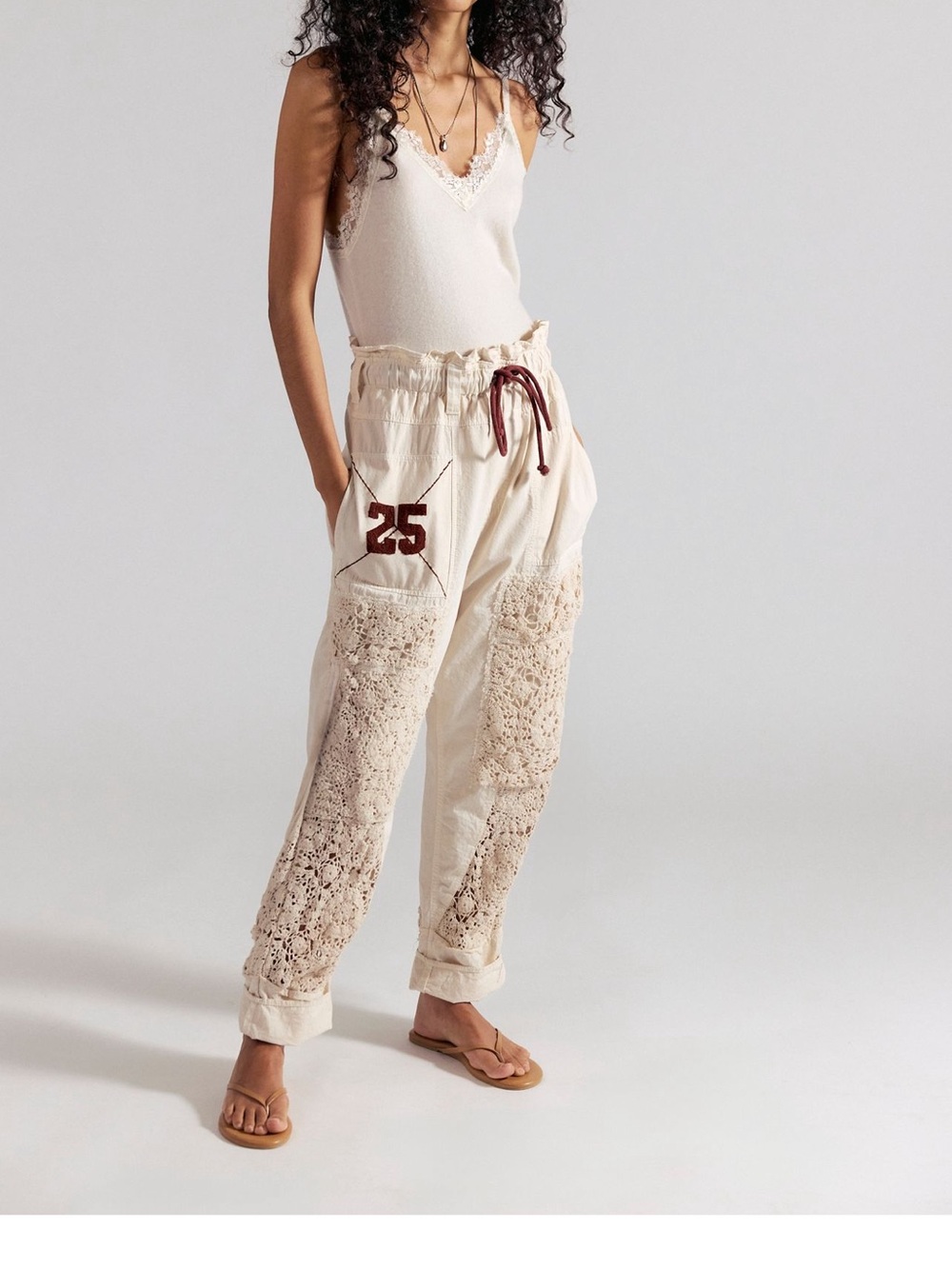 Free People Cream Crochet-Panel Joggers with Maroon Drawstring